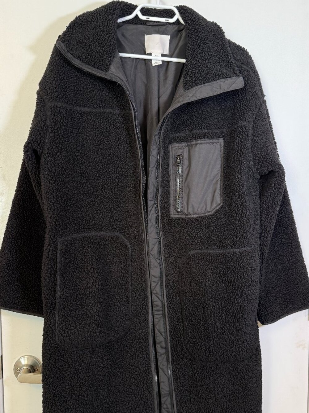H&M long, black, furry coat, size small